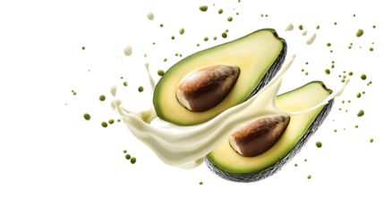 Avocado stack with half slice falling and floating on air