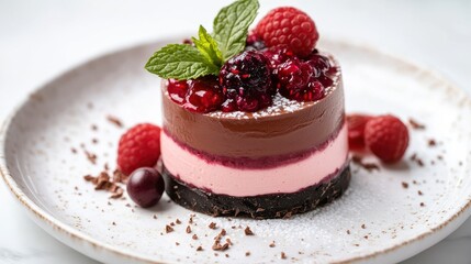 Raspberry mousse with chocolate ganache, berry compote and mint leaves