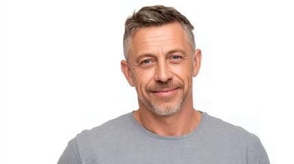 Obraz premium A grey-haired, middle-aged man in a casual t-shirt smiles confidently against a white background, radiating positivity and ease.