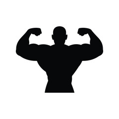 Fototapeta premium Silhouette of a fit man standing tall and flexing both arms, showcasing strength and muscle definition. Suitable for fitness-related projects, posters, and gym branding.