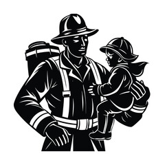Silhouette of a firefighter carrying a child to safety, vector illustration of white background