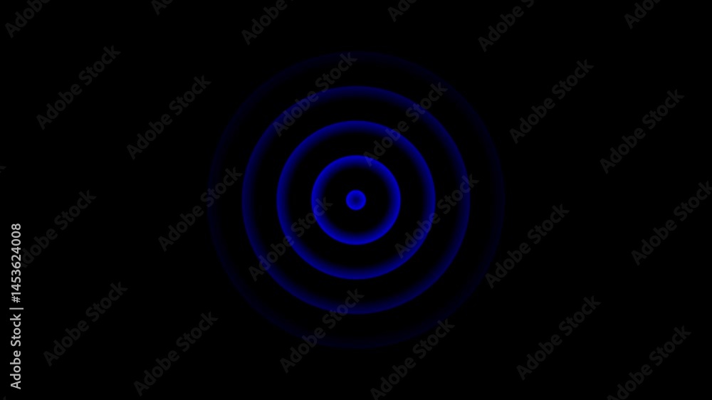 Poster radio wave on black background.abstract blue color circle line pattern on isolated black, 4k monochr