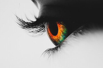 Black-and-white photograph of an eye with a colorful iris, in close-up. 