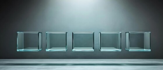Five empty glass boxes sit on a gray platform against a matching wall