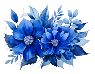 Indigo blue flower and leaf decoration with water color texture.