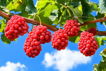 Vibrant Red Grape Clusters Hanging on Vine Under Blue Sky