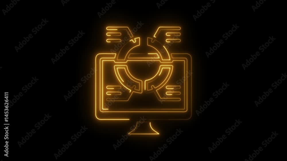 Aufkleber neon style computer displaying circular chart and data analytics on black background glowing golden 