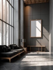 Low-Rise Hotel Lobby Interior with Small Empty Frame Mock-Up on Walls

