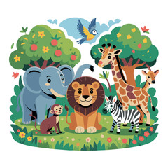 A cheerful and colorful cartoon jungle scene featuring friendly animals like a lion, elephant, giraffe, zebra, monkey, deer, and birds surrounded by lush greenery and trees. The text reads 