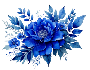  Indigo blue flower and leaf decoration with water color texture.