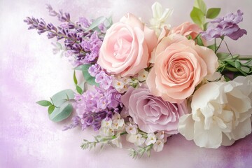 A delicate arrangement of paper flowers in shades of purple and blue forms a border along the top edge of the image