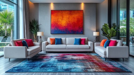 Living room with sofa chairs colorful artwork rug lamps and large windows.