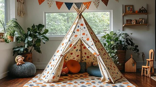 Colorful and Cozy Children Playroom with Decorative Teepee, Vibrant Cushions, and Cheerful Decor for Inviting Atmosphere