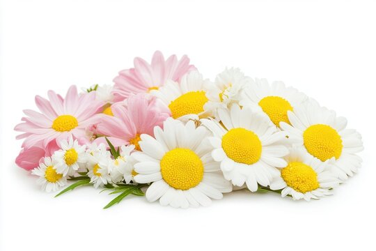 A vibrant arrangement of daisies and pink flowers showcasing their beauty against a white backdrop