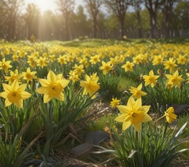 Fototapeta premium Golden daffodils burst forth in a vibrant spring meadow , meadow, golden, macro