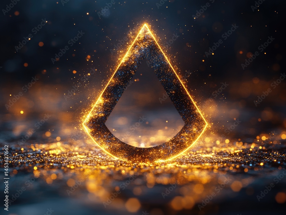 Poster abstract graphic design of a teardrop shape, illuminated by glowing particles.