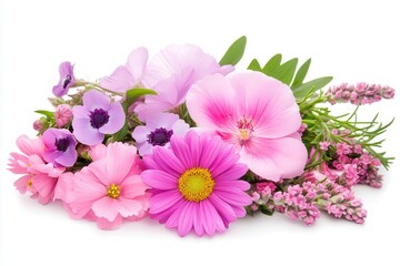 A vibrant bouquet of assorted flowers showcasing pink, purple, and white blooms arranged beautifully
