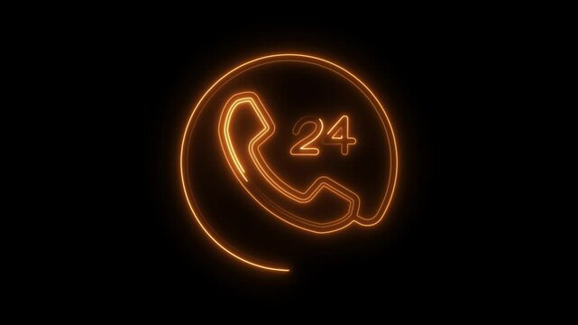 Twenty four hour customer support neon icon animation on black background
