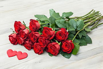 Romantic Red Roses Bouquet with Hearts on Wooden Table Backdrop