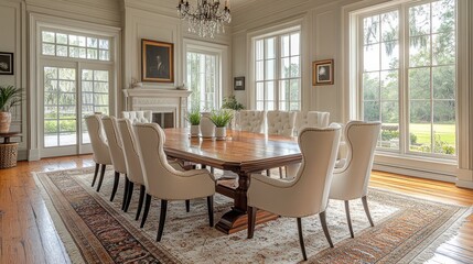 Large dining room with long wooden table and upholstered chairs bright interior.