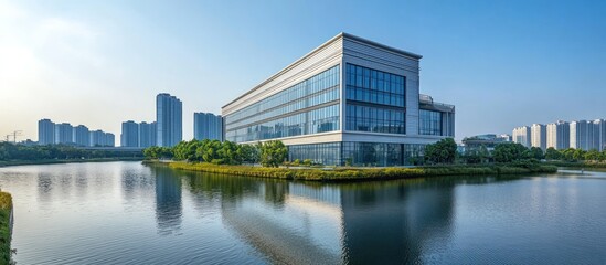 Modern building, lake, city skyline, tranquil