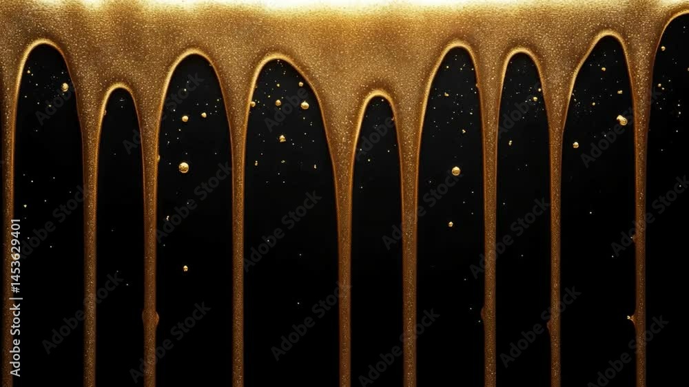 Poster golden liquid drips with sparkle and texture against black background, creating elegant visual exper