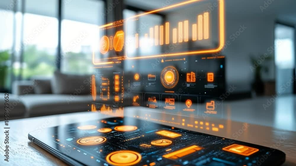 Poster futuristic smartphone and tablet showcasing hologram data visualization and analytics for modern liv