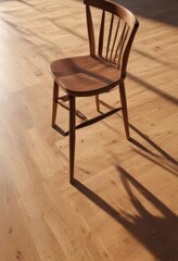 Crisp shadow of a wooden chair on polished floorboards, natural, floorboard, shadow play