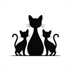 Silhouette illustration of three black cats of different sizes on a white background