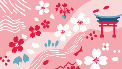 Vibrant Japanese Cherry Blossom and Torii Gate Design