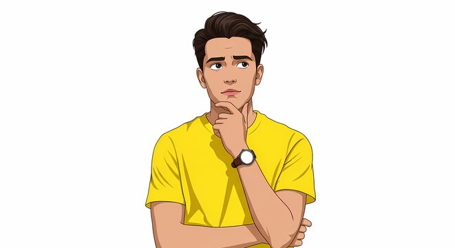 Illustration showcasing a thoughtful young man in yellow contemplating with a hand to his chin on a clean white background expressing concern and decision
