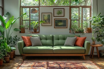 Indoor living room with green sofa plants and natural light through large windows.