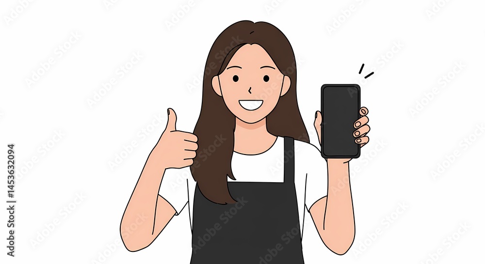 Aufkleber animated brunette with a wide smile displaying a black smartphone screen and signaling approval with