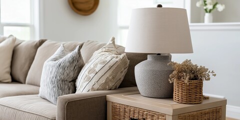 Front View of Sofa with Close-Up of Stone Lamp on Sideboard in Coastal Living Room
