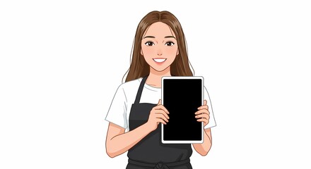 Cheerful cartoon woman wearing an apron, presenting a digital tablet with a blank black screen, set against a clean white backdrop
