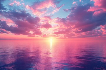 Fototapeta premium Vast, vibrant sunset over a calm ocean expanse.