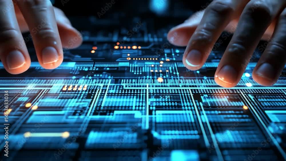 Aufkleber futuristic technology interface showcasing glowing circuits and hands interacting with digital innov