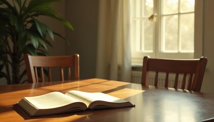 Empty chair at table, sunlight streaming, book, mood, light, loneliness