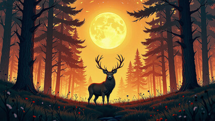Stag silhouetted against a full moon in a serene forest glade, invoking tranquility and the harmony between wildlife and nature.