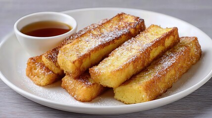 A plate of crispy French toast sticks, dusted with powdered sugar and served with a side of maple syrup, creating the perfect sweet breakfast treat.
