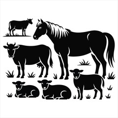 Silhouettes of farm animals including cows horse and sheep in minimalist black and white design