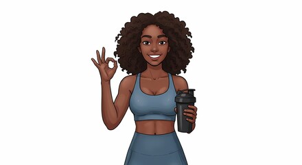 Empowered African American Woman Promoting Wellness, Exemplifying Fitness Motivation with a Thumbs-Up and a Protein Shaker Isolated on White