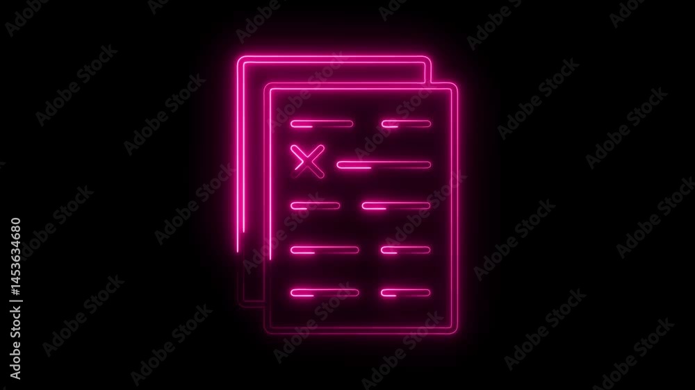 Poster neon document paper icon with check mark animated on black background