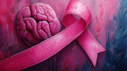 Pink ribbon and brain, symbolic of brain cancer awareness