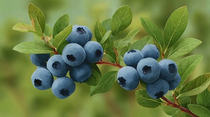 Fototapeta premium A close-up illustration of ripe blueberries on the bush, showcasing the vibrant, juicy fruits nestled among the leaves, symbolizing a healthy, natural harvest. 