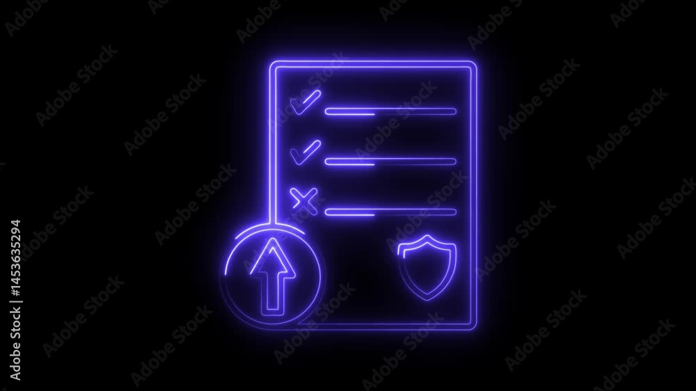 Poster glowing neon checklist with security shield upload icon animation