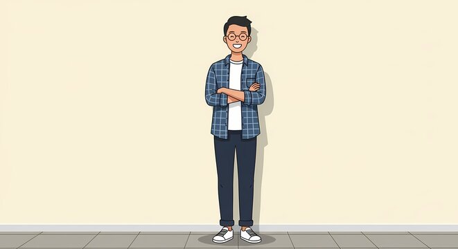 Confident cartoon character with glasses standing against a neutral wall exudes a sense of approachable intellect and calm demeanor in a simple illustration