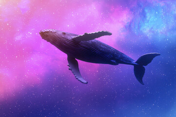 Fototapeta premium majestic humpback whale gracefully swims through vibrant cosmic background, showcasing its beauty and elegance