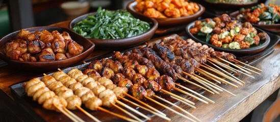 Obraz premium Asian street food skewers, grilled meats, vegetables, outdoor market