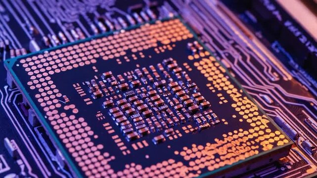 Close-up of a computer processor on a circuit board.  Possible use Technology background